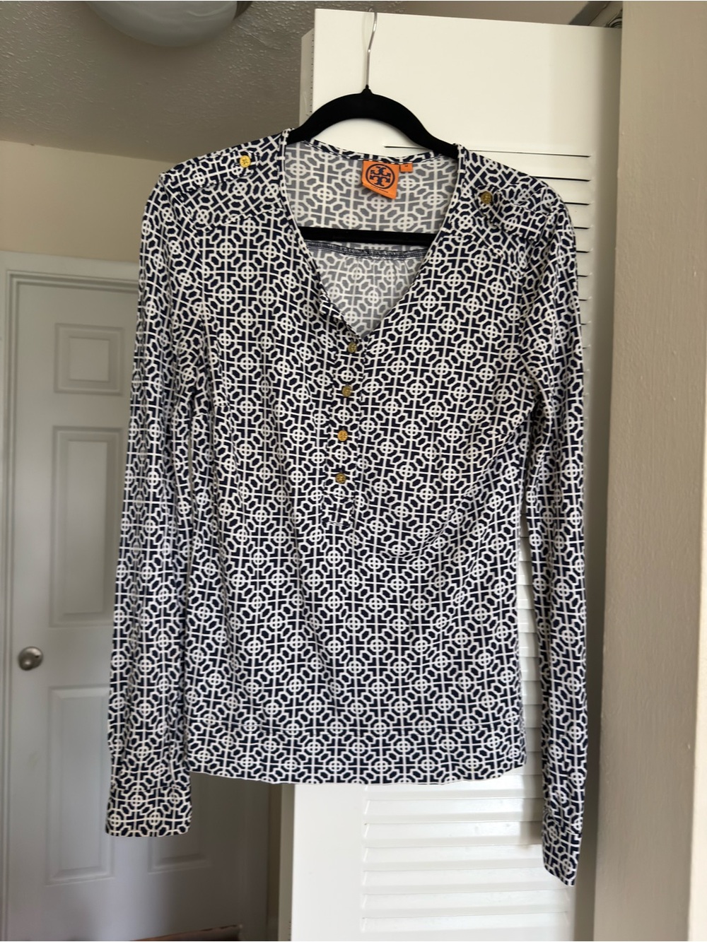 Tory Burch Black & White Geometric Long-Sleeve Henley